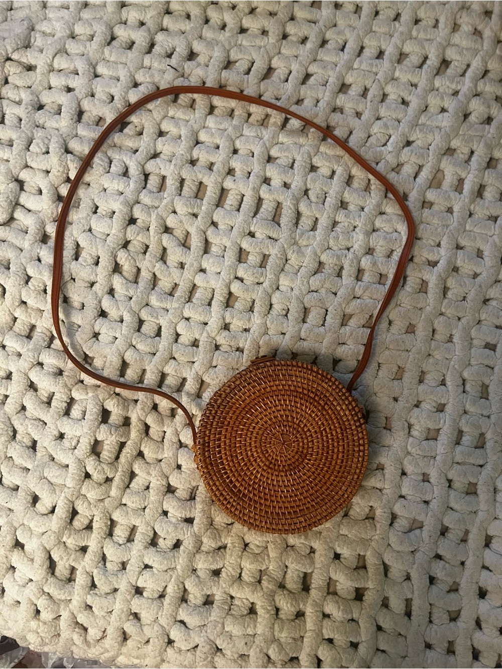 Round Woven Crossbody Bag in Brown